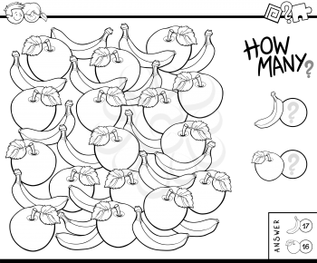 Black and White Illustration of Educational Counting Task for Children with Apples and Bananas Coloring Book