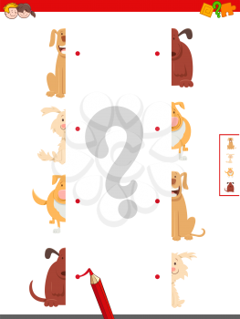Cartoon Illustration of Educational Game of Matching Halves of Funny Dog or Puppy Characters