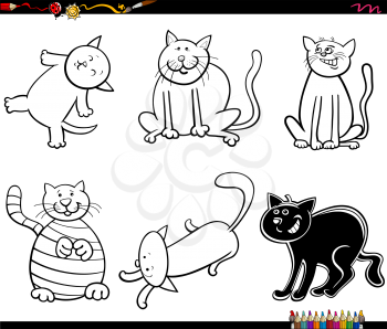 Black and White Cartoon Illustration of Funny Cats and Kittens Animal Characters Set Coloring Book Page