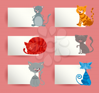 Cartoon Illustration of Cats and Kittens with White Cards or Boards Greeting or Business Card Design Set