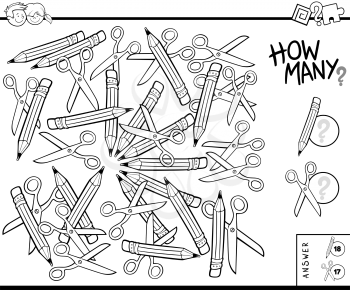 Black and White Illustration of Educational Counting Task for Children with Pencils and Scissors Coloring Book