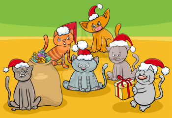 Cartoon Illustration of Funny Cats and Kittens Animal Characters Group on Christmas Time