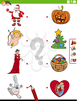 Cartoon Illustration of Educational Matching Game for Children with Holidays Characters and Symbols