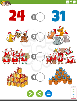 Cartoon Illustration of Educational Mathematical Puzzle Game of Greater Than, Less Than or Equal to for Children with Christmas Characters and Objects Worksheet Page
