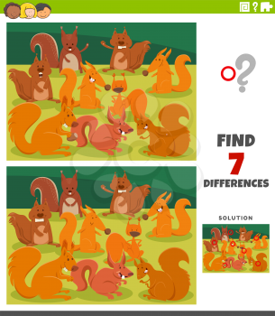 Cartoon Illustration of Finding Differences Between Pictures Educational Game for Kids with Funny Squirrels Animal Characters Group