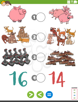 Cartoon Illustration of Educational Mathematical Puzzle Game of Greater Than, Less Than or Equal to for Children with Animals and Objects Worksheet Page