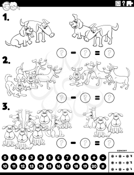 Black and White Cartoon Illustration of Educational Mathematical Subtraction Puzzle Task for Children with Dogs Coloring Book Page