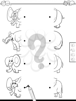 Black and White Cartoon Illustration of Educational Game of Matching Halves of Elephants Animal Characters Coloring Book