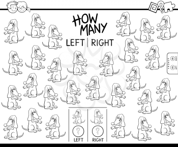 Black and White Cartoon Illustration of Educational Game of Counting Left and Right Oriented Pictures for Cute Dog Character Coloring Book
