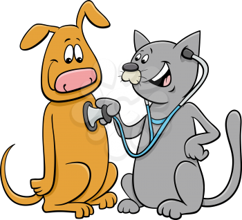 Cartoon Illustration of Cat Examining the Dog with a Stethoscope