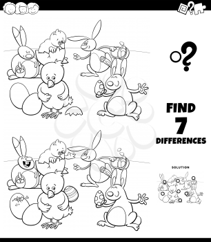 Black and White Cartoon Illustration of Finding Differences Between Pictures Educational Game for Children with Easter Bunnies and Chicks Characters Coloring Book Page