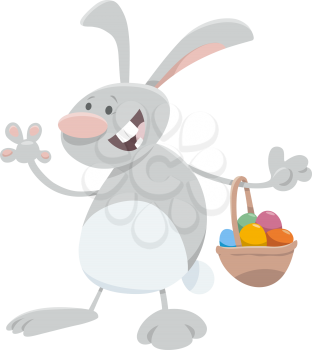 Cartoon Illustration of Funny Easter Bunny with Basket of Colorful Eggs