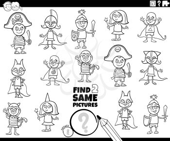 Black and White Cartoon Illustration of Finding Two Same Pictures Educational Game for Children with Funny Kids Characters at the Costume Party Coloring Book Page