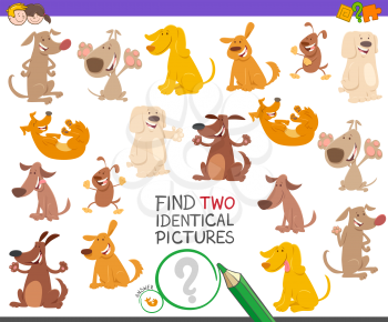 Cartoon Illustration of Finding Two Identical Pictures Educational Game for Children with Funny Dog Characters