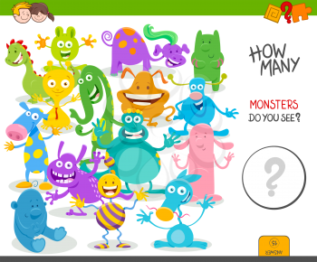 Cartoon Illustration of Educational Counting Activity Game for Children with Funny Monsters Fantasy Characters