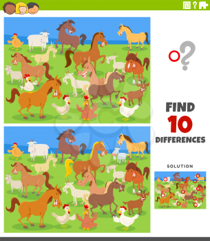 Cartoon Illustration of Finding Differences Between Pictures Educational Game for Children with Comic Farm Animal Characters Group