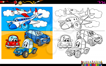 Cartoon Illustration of Planes and Cars Characters Group Coloring Book Worksheet