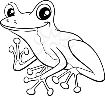 Black and white cartoon illustration of cute little tree frog comic animal character coloring book page