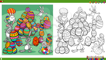 Cartoon Illustrations of Easter Bunnies Holiday Characters with Colored Eggs Coloring Book Page