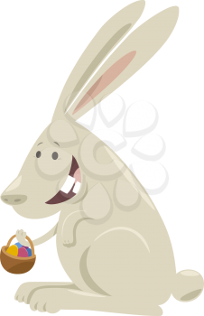 Cartoon Illustration of Happy Easter Bunny with Basket of Colored Eggs