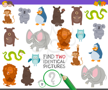 Cartoon Illustration of Finding Two Identical Pictures Educational Game for Children with Funny Wild Animal Characters