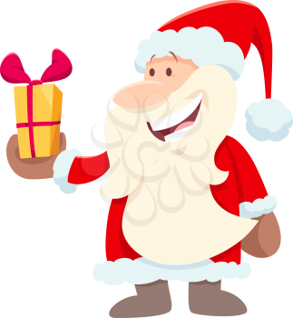 Cartoon Illustration of Happy Santa Claus Character with Present on Christmas Holiday Time