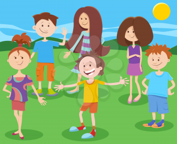Cartoon Illustration of Funny Elementary or Teen Age Children Characters Group in the Park