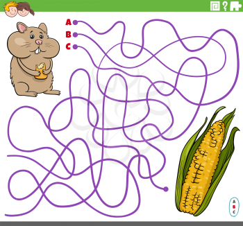 Cartoon illustration of lines maze puzzle game with hamster character and corn cob