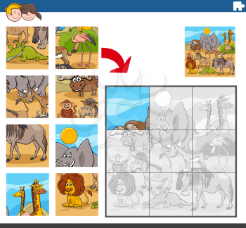 Cartoon illustration of educational jigsaw puzzle game for children with funny wild animal characters group