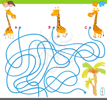 Cartoon Illustration of Maze Puzzle Activity Game with Giraffe Animal Characters and Palm Trees