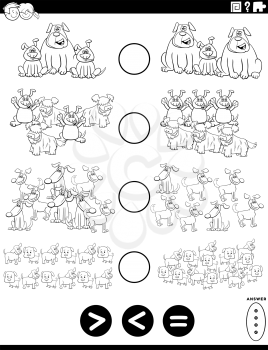 Black and White Cartoon Illustration of Educational Mathematical Puzzle Task of Greater Than, Less Than or Equal to for Children with Dogs Animal Characters Worksheet Page Coloring Book Page