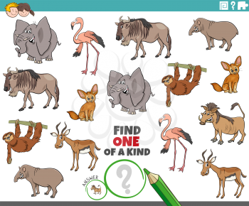 Cartoon Illustration of Find One of a Kind Picture Educational Game with Comic Wild Animal Characters