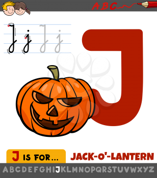 Educational Cartoon Illustration of Letter J from Alphabet with Jack-o'-lantern for Children 