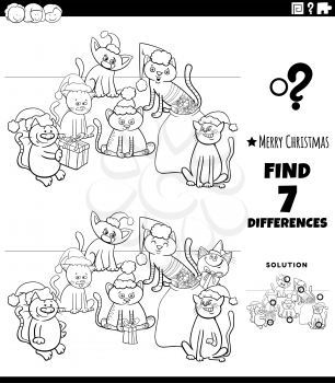 Black and White Cartoon Illustration of Finding Differences Between Pictures Educational Game for Children with Comic Kittens Group on Christmas Time Coloring Book Page