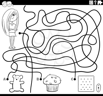 Black and White Cartoon Illustration of Lines Maze Puzzle Activity Game with Girl Character and Sweet Food Objects Coloring Book Page