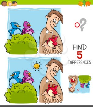 Cartoon Illustration of Finding Five Differences Between Pictures Educational Game for Children with A Bird in the Hand is Worth Two in the Bush Saying