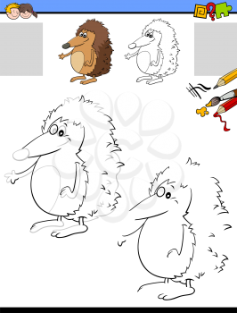 Cartoon Illustration of Drawing and Coloring Educational Activity for Children with Funny Hedgehog Animal Character