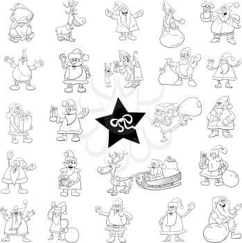 Black and white cartoon illustration of Christmas holiday characters big set