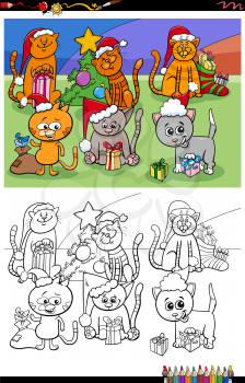 Cartoon illustration of cute cats animal characters group on Christmas time coloring book page