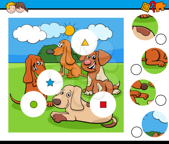 Cartoon Illustration of Educational Match the Pieces Jigsaw Puzzle Game for Children with Cute Dogs Animal Characters