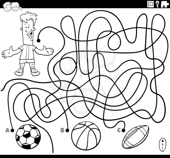Black and White Cartoon Illustration of Lines Maze Puzzle Game with Boy Character and Balls Sport Objects Coloring Book Page