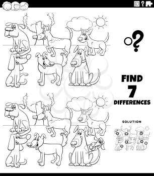 Black and White Cartoon Illustration of Finding Differences Between Pictures Educational Game for Children with Comic Dogs Group Coloring Book Page