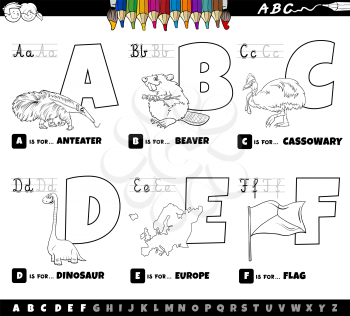 Black and white cartoon illustration of capital letters from alphabet educational set for reading and writing practice for kids from A to F coloring book page