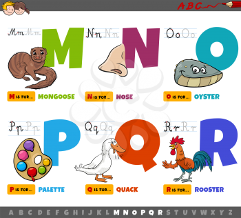 Cartoon illustration of capital letters from alphabet educational set for reading and writing practise for kids from M to R