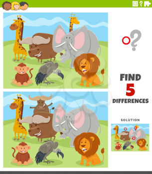 Cartoon illustration of finding the differences between pictures educational game for kids with wild animal characters