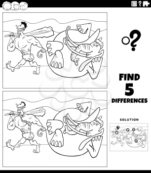 Black and white cartoon illustration of finding the differences between pictures educational game with prehistoric man or caveman with mammoth coloring book page
