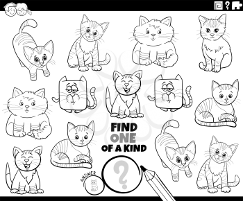 Black and white cartoon illustration of find one of a kind picture educational game with cute cats and kitten characters coloring book page