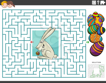 Cartoon illustration of educational maze puzzle game for children with Easter bunny and colored eggs