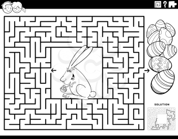 Black and white cartoon illustration of educational maze puzzle game for children with Easter bunny and colored eggs coloring book page