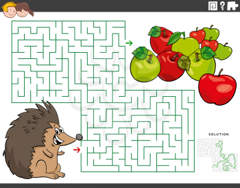 Cartoon illustration of educational maze puzzle game for children with hedgehog animal character and apples